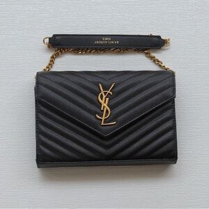 Yves Saint Laurent Black Quilted Chevron YSL Chain Crossbody with Gold Hardware